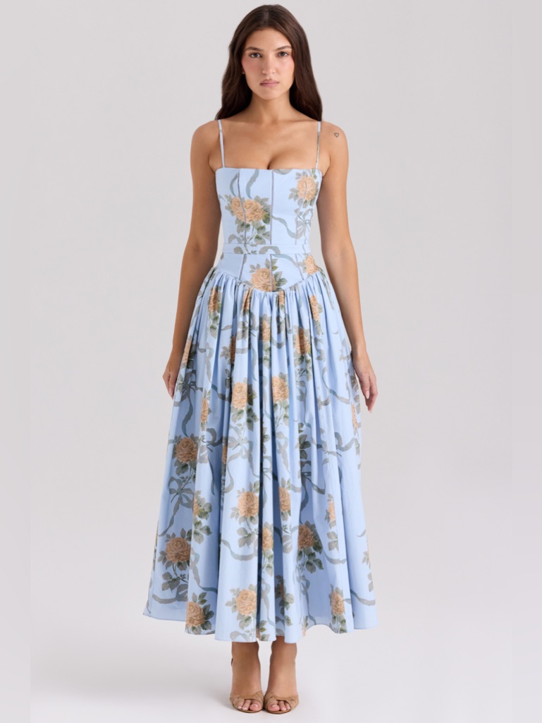 House Of Cb 'Ysabella' Blue Vintage Rose Print Cotton Midi Sundress Xs Plus Cup
